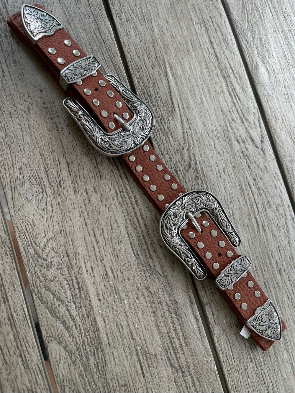 Tan Brown Western Studded Leather Stretch Belt with Ornate Silver Buckles